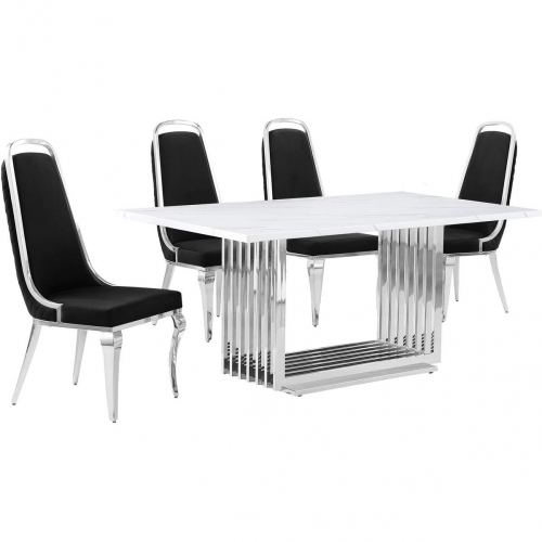 D310 5 Piece Dining Set in White Marble, Polished Stainless Steel & Black Velvet