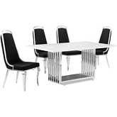 D310 5 Piece Dining Set in White Marble, Polished Stainless Steel & Black Velvet