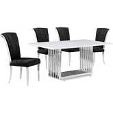 D310 5 Piece Dining Set in White Marble, Polished Stainless Steel & Black Velvet