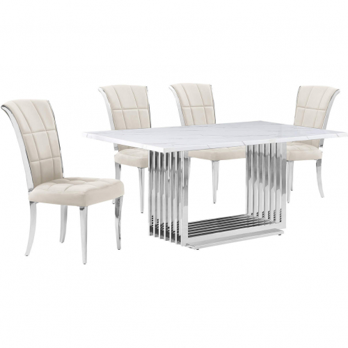 D310 5 Piece Dining Set in White Marble, Polished Stainless Steel & Cream Velvet