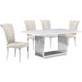 D310 5 Piece Dining Set in White Marble, Polished Stainless Steel & Cream Velvet