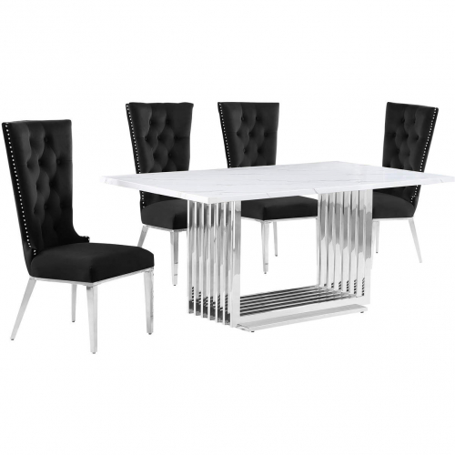 D310 5 Piece Dining Set in White Marble, Polished Stainless Steel & Black Velvet