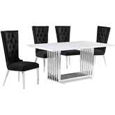 D310 5 Piece Dining Set in White Marble, Polished Stainless Steel & Black Velvet
