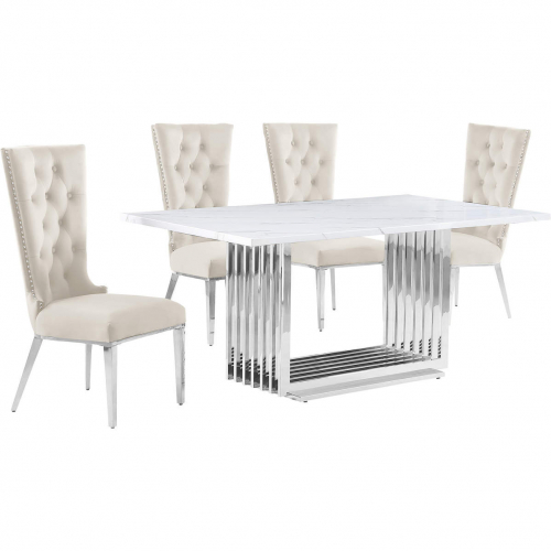 D310 5 Piece Dining Set in White Marble, Polished Stainless Steel & Cream Velvet