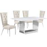 D310 5 Piece Dining Set in White Marble, Polished Stainless Steel & Cream Velvet
