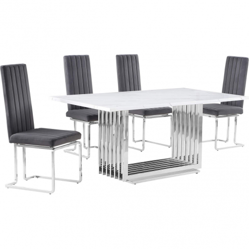 D310 5 Piece Dining Set in White Marble, Polished Stainless Steel & Dark Gray Velvet