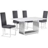 D310 5 Piece Dining Set in White Marble, Polished Stainless Steel & Dark Gray Velvet
