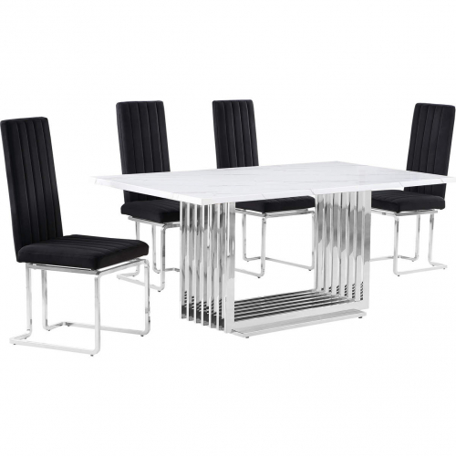 D310 5 Piece Dining Set in White Marble, Polished Stainless Steel & Black Velvet