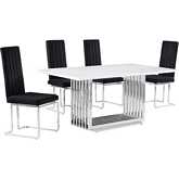 D310 5 Piece Dining Set in White Marble, Polished Stainless Steel & Black Velvet
