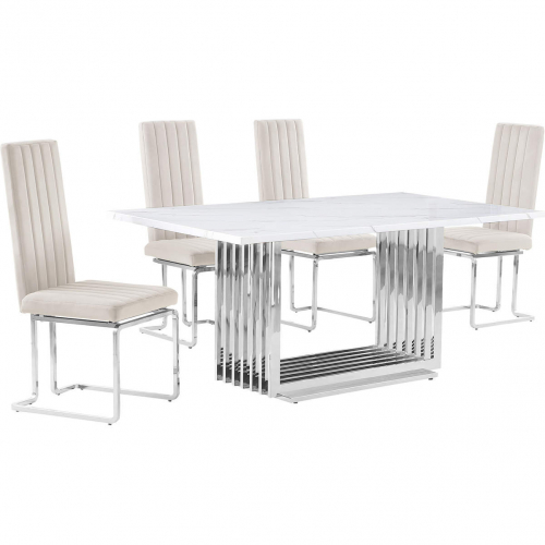 D310 5 Piece Dining Set in White Marble, Polished Stainless Steel & Cream Velvet