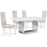 D310 5 Piece Dining Set in White Marble, Polished Stainless Steel & Cream Velvet