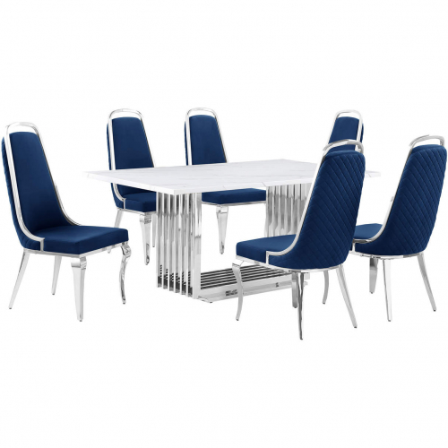 D310 7 Piece Dining Set in White Marble, Polished Stainless Steel & Navy Blue Velvet