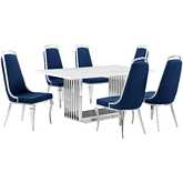 D310 7 Piece Dining Set in White Marble, Polished Stainless Steel & Navy Blue Velvet