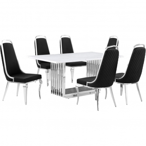 D310 7 Piece Dining Set in White Marble, Polished Stainless Steel & Black Velvet