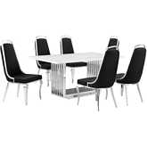 D310 7 Piece Dining Set in White Marble, Polished Stainless Steel & Black Velvet