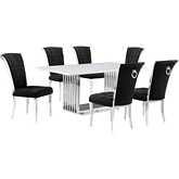 D310 7 Piece Dining Set in White Marble, Polished Stainless Steel & Black Velvet