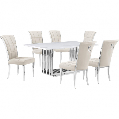 D310 7 Piece Dining Set in White Marble, Polished Stainless Steel & Cream Velvet