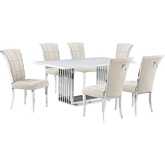 D310 7 Piece Dining Set in White Marble, Polished Stainless Steel & Cream Velvet