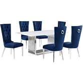 D310 7 Piece Dining Set in White Marble, Polished Stainless Steel & Navy Blue Velvet