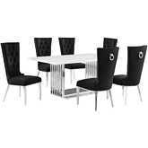 D310 7 Piece Dining Set in White Marble, Polished Stainless Steel & Black Velvet