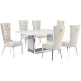 D310 7 Piece Dining Set in White Marble, Polished Stainless Steel & Cream Velvet