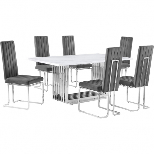D310 7 Piece Dining Set in White Marble, Polished Stainless Steel & Dark Gray Velvet