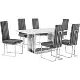 D310 7 Piece Dining Set in White Marble, Polished Stainless Steel & Dark Gray Velvet
