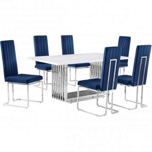 D310 7 Piece Dining Set in White Marble, Polished Stainless Steel & Navy Blue Velvet