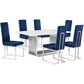D310 7 Piece Dining Set in White Marble, Polished Stainless Steel & Navy Blue Velvet