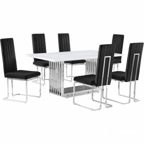 D310 7 Piece Dining Set in White Marble, Polished Stainless Steel & Black Velvet