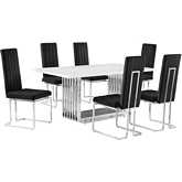 D310 7 Piece Dining Set in White Marble, Polished Stainless Steel & Black Velvet