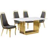 D311 5 Piece Dining Set in White Marble, Gold Stainless Steel & Dark Gray Velvet