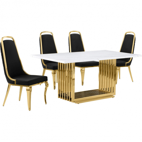 D311 5 Piece Dining Set in White Marble, Gold Stainless Steel & Black Velvet
