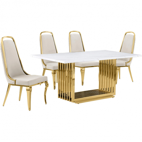 D311 5 Piece Dining Set in White Marble, Gold Stainless Steel & Cream Velvet