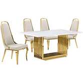 D311 5 Piece Dining Set in White Marble, Gold Stainless Steel & Cream Velvet