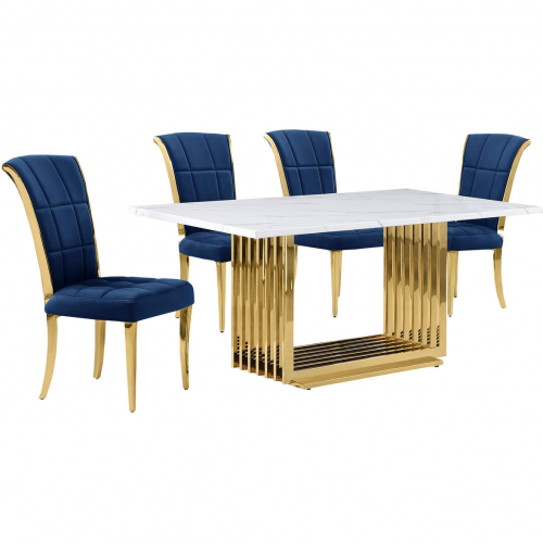 D311 5 Piece Dining Set in White Marble, Gold Stainless Steel & Navy Blue Velvet
