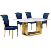 D311 5 Piece Dining Set in White Marble, Gold Stainless Steel & Navy Blue Velvet