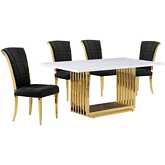 D311 5 Piece Dining Set in White Marble, Gold Stainless Steel & Black Velvet