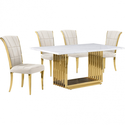 D311 5 Piece Dining Set in White Marble, Gold Stainless Steel & Cream Velvet