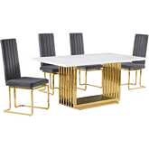 D311 5 Piece Dining Set in White Marble, Gold Stainless Steel & Dark Gray Velvet