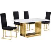 D311 5 Piece Dining Set in White Marble, Gold Stainless Steel & Black Velvet
