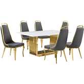 D311 7 Piece Dining Set in White Marble, Gold Stainless Steel & Dark Gray Velvet