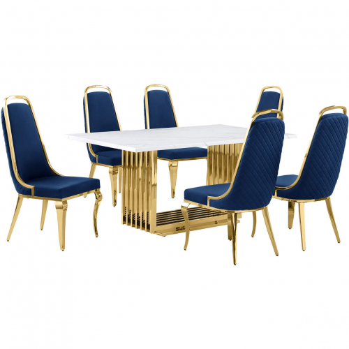 D311 7 Piece Dining Set in White Marble, Gold Stainless Steel & Navy Blue Velvet