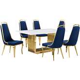 D311 7 Piece Dining Set in White Marble, Gold Stainless Steel & Navy Blue Velvet