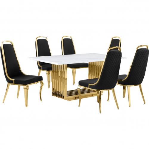 D311 7 Piece Dining Set in White Marble, Gold Stainless Steel & Black Velvet