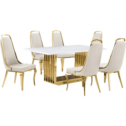 D311 7 Piece Dining Set in White Marble, Gold Stainless Steel & Cream Velvet