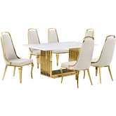 D311 7 Piece Dining Set in White Marble, Gold Stainless Steel & Cream Velvet