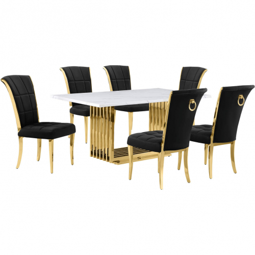 D311 7 Piece Dining Set in White Marble, Gold Stainless Steel & Black Velvet