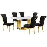D311 7 Piece Dining Set in White Marble, Gold Stainless Steel & Black Velvet