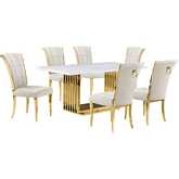 D311 7 Piece Dining Set in White Marble, Gold Stainless Steel & Cream Velvet